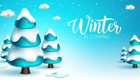 Winter vector background design. Winter is coming text in ice forest with trees and snow falling elements for cold snowy season greeting messages. Vector illustration.