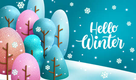Hello winter vector background design. Hello winter text with cute colorful cartoon shape trees in forest landscape for snow season doodle decoration. Vector illustration.のイラスト素材