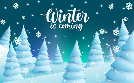 Winter vector background design. Winter is coming text with fir trees and snow flakes falling elements in ice land forest for cold season design. Vector illustration.のイラスト素材