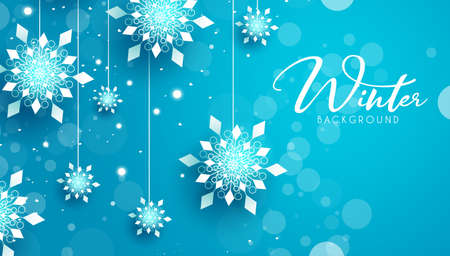Winter vector background design. Hello winter typography text with hanging snowflakes decoration elements in blue background space for elegant ornament decor. Vector illustration.のイラスト素材