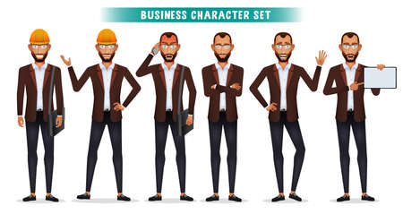 Business man character vector set. Businessman engineer employee characters standing with hard hat, white board and bag elements for builder and staff worker collection design. Vector illustration.のイラスト素材