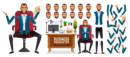 Businessman boss creation kit vector set. Business man creator office characters in editable...