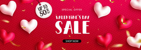 Valentine's day sale vector banner background. Valentines day special offer text in red space with up to 50% off discount for valentines shopping promotion ads design. Vector illustration.のイラスト素材