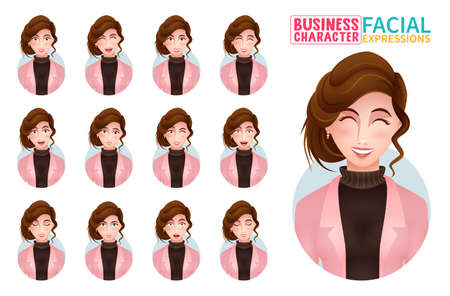 Businesswoman facial expressions vector set. Business woman characters face collection with smiling, friendly, upset and shocked reaction for female employee faces design. Vector illustration.のイラスト素材