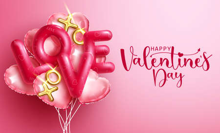 Valentines love balloons vector design. Happy valentine's greeting text with love and hearts balloon bunch for lovers day cute and romantic celebration decoration. Vector illustration.のイラスト素材