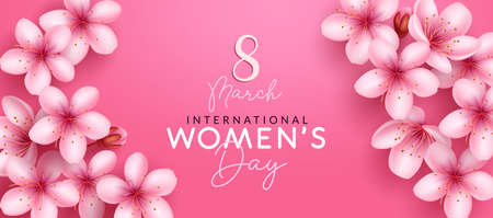 Women's day vector design. International womens day text in copy space with pink flowers decoration...