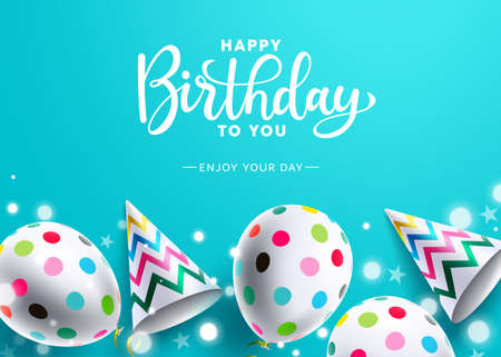 Birthday vector background design. Happy birthday to you text with balloons and party hats in colorful pattern element in blue background celebrating birth day decoration. Vector illustration.
