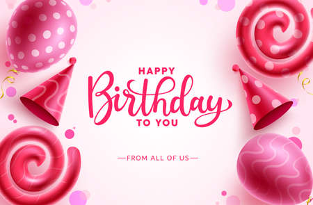 Birthday balloons vector background design. Happy birthday text with pink floating pattern hats and balloon shape element for girly birth day greeting and party celebration. Vector illustration.のイラスト素材