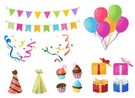 Birthday party elements vector set. Birth day flat objects like colorful balloons, pennants and gifts isolated in white background for surprise decoration elements. Vector illustration.のイラスト素材