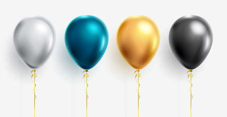 Birthday balloons vector set. Celebration balloon elements isolated in white background for colorful floating birth day and event party objects decoration. Vector illustration.のイラスト素材
