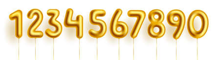 Gold number balloons vector set. Birthday Golden foil balloon with numeric metallic numbers 0 to 9 for birth day occasion and event celebration decoration count design. Vector illustration.のイラスト素材