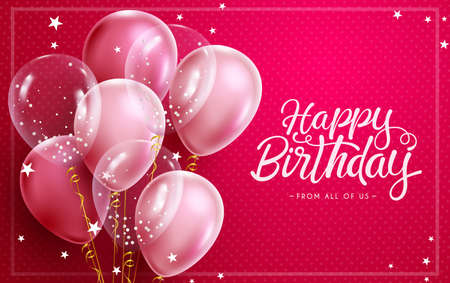 Birthday pink balloons vector design. Happy birthday greeting text in pink background with girly rosegold balloon decoration for celebrating birth day party messages. Vector illustration.のイラスト素材