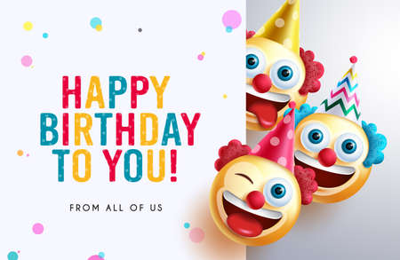 Birthday greeting vector template design. Happy birthday text in white pattern empty space with smiley clowns in funny faces for birth day card celebration messages. Vector illustration.のイラスト素材