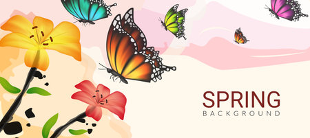 Spring abstract vector background design. Nature painting scenery with lily flowers and butterflies elements for spring layout art paint decoration. Vector illustration.のイラスト素材