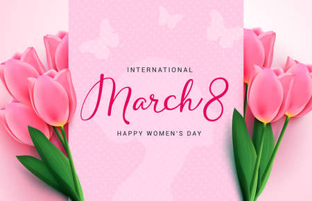 March 8 womens day vector template design. International women's day greeting text in pink pattern...