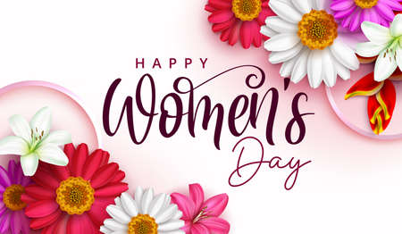 Women's day vector background design. Happy womens day greeting text with chamomile and heliconia colorful flowers for feminine celebration decoration. Vector illustration.のイラスト素材