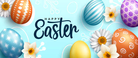Easter season vector background design. Happy easter text with 3d eggs abstract pattern and flowers...