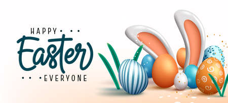 Easter season vector design. Happy easter text with 3d realistic bunny ears figurine and colorful eggs decoration pattern for holiday celebration greeting. Vector illustration.のイラスト素材