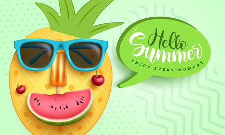 Summer pineapple character vector design. Hello summer text in speech bubble with fruit emoji face and sunglasses for tropical season art decoration. Vector illustration.のイラスト素材