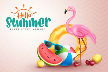 Summer season vector design. Hello summer typography text with flamingo, fruits and floater elements for fun and enjoy holiday vacation decoration. Vector illustration.のイラスト素材