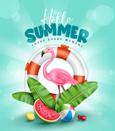 Summer vector poster design. Hello summer text with tropical elements of flamingo, lifebuoy and banana leaves for enjoy holiday vacation decoration. Vector illustration.のイラスト素材