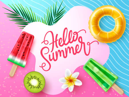Summer vector background design. Hello summer typography text in abstract space with   floater and fruits flavor element for colorful tropical holiday season. Vector illustration.のイラスト素材