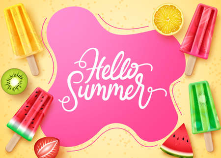 Summer greeting vector template design. Hello summer text in beach sand with  dessert and fruits elements for relax and enjoy tropical holiday messages. Vector illustration.のイラスト素材