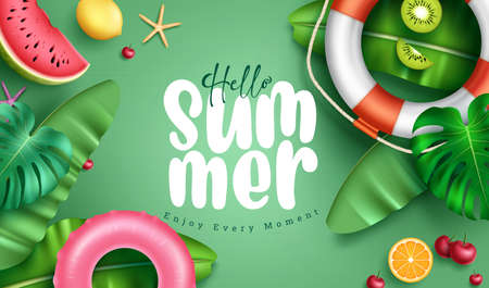 Summer greeting vector background design. Hello summer text in nature leaves decoration with...