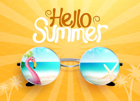 Summer holiday greeting vector design. Hello summer text in yellow pattern background with beach and flamingo in sunglasses reflection for tropical season greeting. Vector illustration.のイラスト素材
