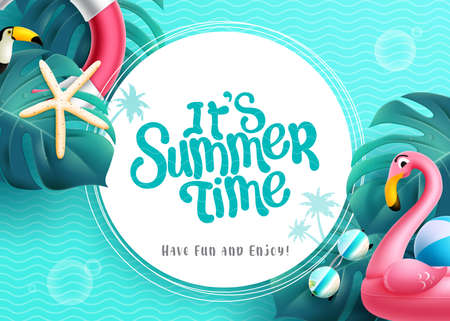 Summer time vector template design. It's summer time text in circle space with flamingo floater, leaves and sea background pattern for tropical season messages decoration. Vector illustration.のイラスト素材