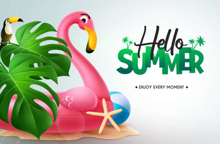 Summer vector background design. Hello summer text with flamingo floaters in sand island outdoor design. Vector illustration.のイラスト素材