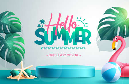 Summer ads vector background design. Hello summer greeting text with studio backdrop elements for photoshoot advertisement. Vector illustration.のイラスト素材