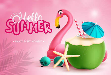 Summer vector background design. Hello summer text with tropical coconut fruit drink and flamingo floaters in pink outdoor design. Vector illustration.のイラスト素材