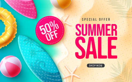 Summer sale vector banner design. Summer sale special offer text in beach background with up to 50% off discount for seasonal shopping promotion ads. Vector illustration.のイラスト素材