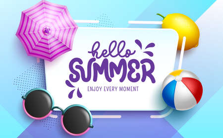 Summer vector template design. Hello summer text in pattern background with tropical season outdoor elements for holiday messages decoration. Vector illustration.のイラスト素材