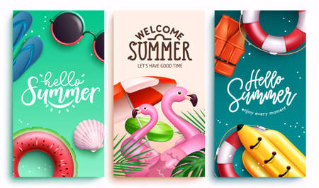 Summer vector poster set design. Summer season text with outdoor tropical season elements for sunny...