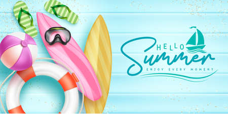 Summer holiday vector design. Hello summer typography text with lifebuoy, surfboard and flip flop elements in wood floor background for enjoy tropical season vacation. Vector illustration.のイラスト素材