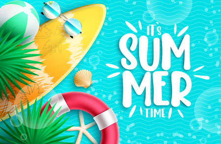 Summer time vector design. It's summer time typography text in sea water background with elements of surfboard, lifebuoy and leaves for relax tropical season. Vector illustration.のイラスト素材