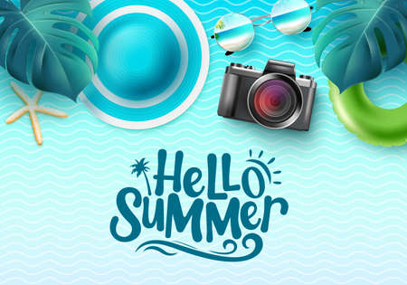 Summer vector background design. Hello summer typography text with hat, camera and leaves outdoor...