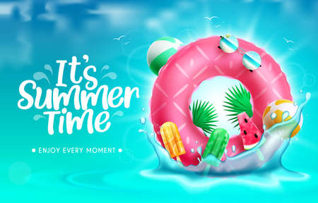 Summer time vector background design. It's summer time text in blue sky and sea water with floater element floating in splash for refreshing tropical season. Vector illustration.のイラスト素材
