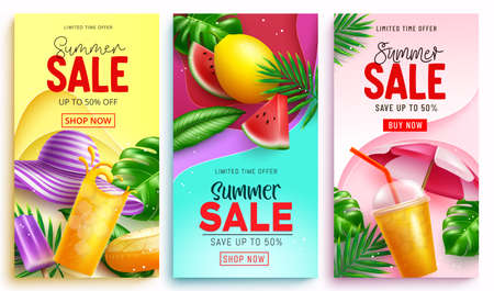 Summer sale vector poster set. Summer sale limited time offer text with discount price in abstract...