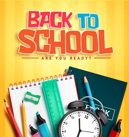 Back to school vector design. Back to school text with educational items of notebook and alarm clock in pattern background for learning supplies decoration. Vector illustration.のイラスト素材