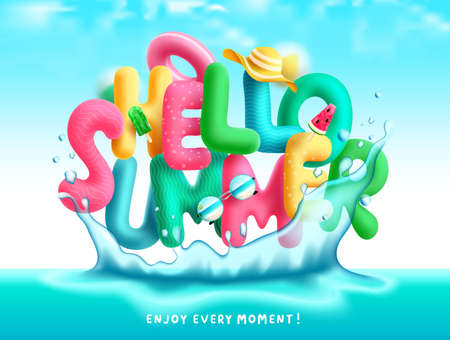 Summer vector concept design. Hello summer greeting colorful 3d text in water splash with hat, popsicles and sunglasses elements for enjoy tropical holiday vacation. Vector illustration.のイラスト素材