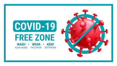 Covid-19 free vector banner design. Covid free zone text with safety instruction and virus protection signage for public health care and safety. Vector illustration.のイラスト素材