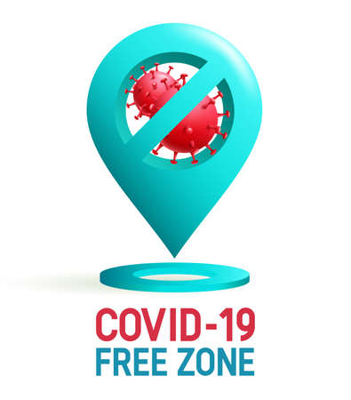 Covid free vector poster design. Covid-19 free zone text with safety location and virus protection icon symbol element for clean and safe public place. Vector illustration.のイラスト素材