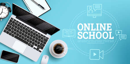 Online education vector design. Online school text with laptop and phone digital learning elements...