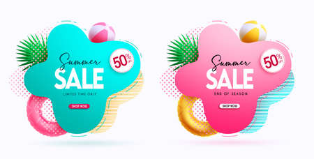 Summer sale vector banner set. Summer sale text in abstract shape design with limited time price discount promo for tropical end of season ads offer collection design. Vector illustration.のイラスト素材