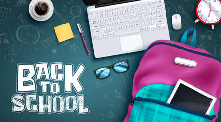 Back to school vector background design. Back to school text in chalkboard background with backpack and laptop educational elements for online e-learning. Vector illustration.のイラスト素材