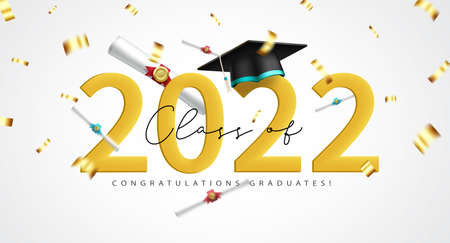Graduation greeting vector design. Congratulations class of 2022 graduates text with 3d mortarboard...