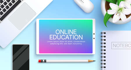 E-learning vector concept design. Online education text in tablet screen device with notebook, laptop and phone elements for back to school distance learning class. Vector illustration.のイラスト素材